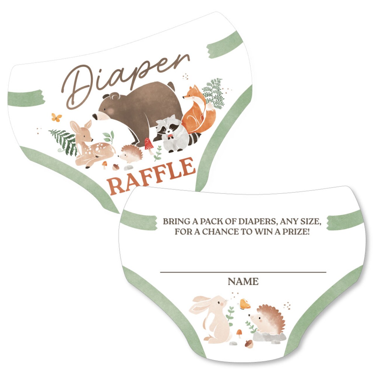 Big Dot of Happiness Woodland Animals Diaper Raffle Game Cards, Forest-Themed Baby Shower Activities, Diaper-Shaped Raffle Ticket Inserts - 24 Count